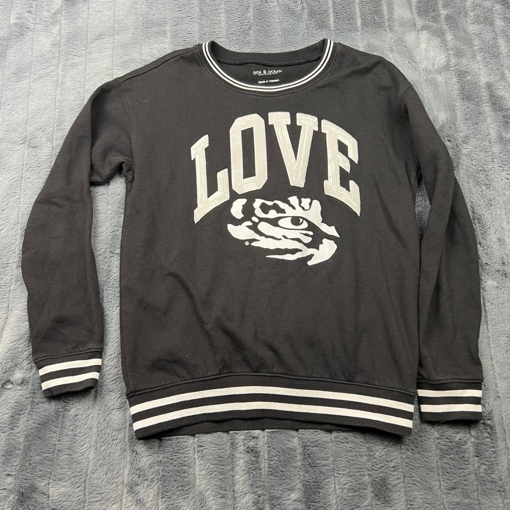 5th & Ocean LSU Tigers LOVE Sweatshirt Black Striped Trim Pullover Womens 14